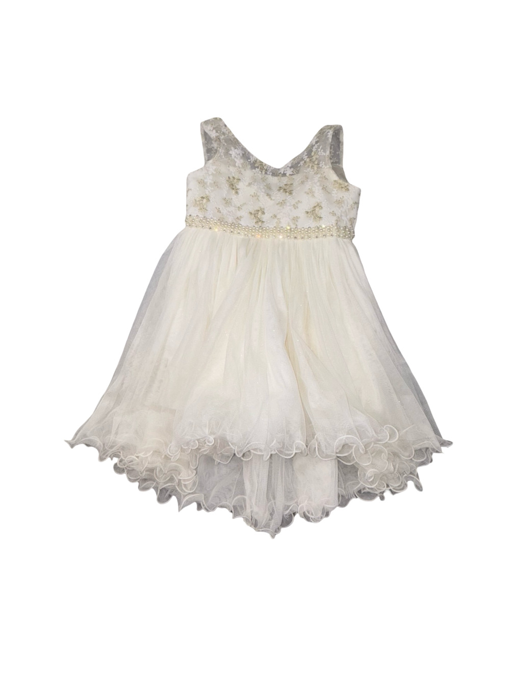 American Princess Girls Cream and‎ Gold Lace Tulle Pearl Bow High-Low Dress Sz 6